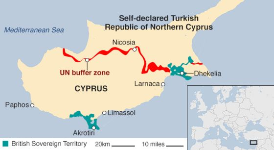 A map showing the split between Cyprus, Northern Cyprus and Akrotiri & Dhekelia (UK-owned territories).